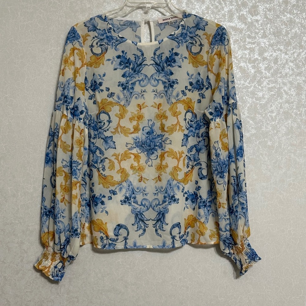 Jealous Tomato‎ Baroque Floral Print Bishop Sleeve Sheer Blouse Blue Yellow M